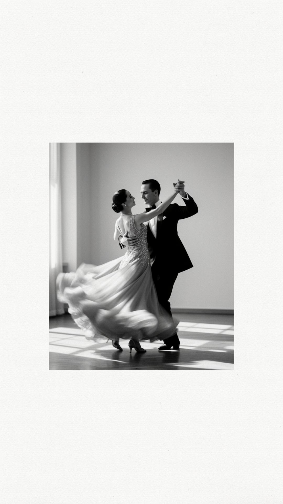 Couple ballroom dancing in soft natural light